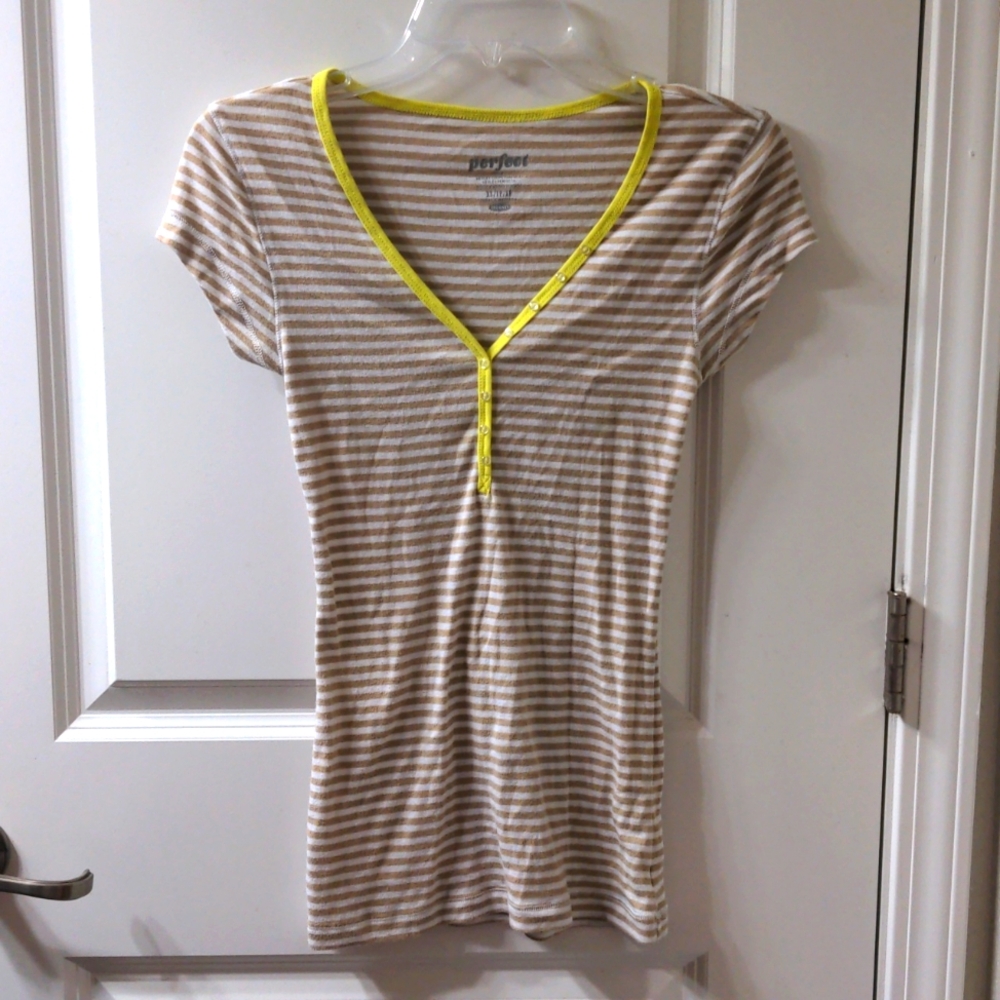 XS Henley Women's T Old Navy Perfect Beige & White Stripes with Neon Yellow Trim
